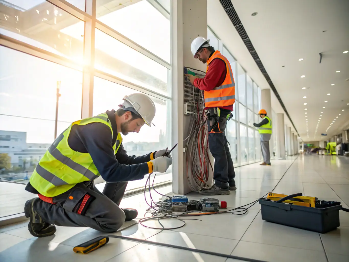 Licensed electricians installing wiring and electrical panels in a commercial building, representing D-Tech Electrical Solutions' professional installation services.