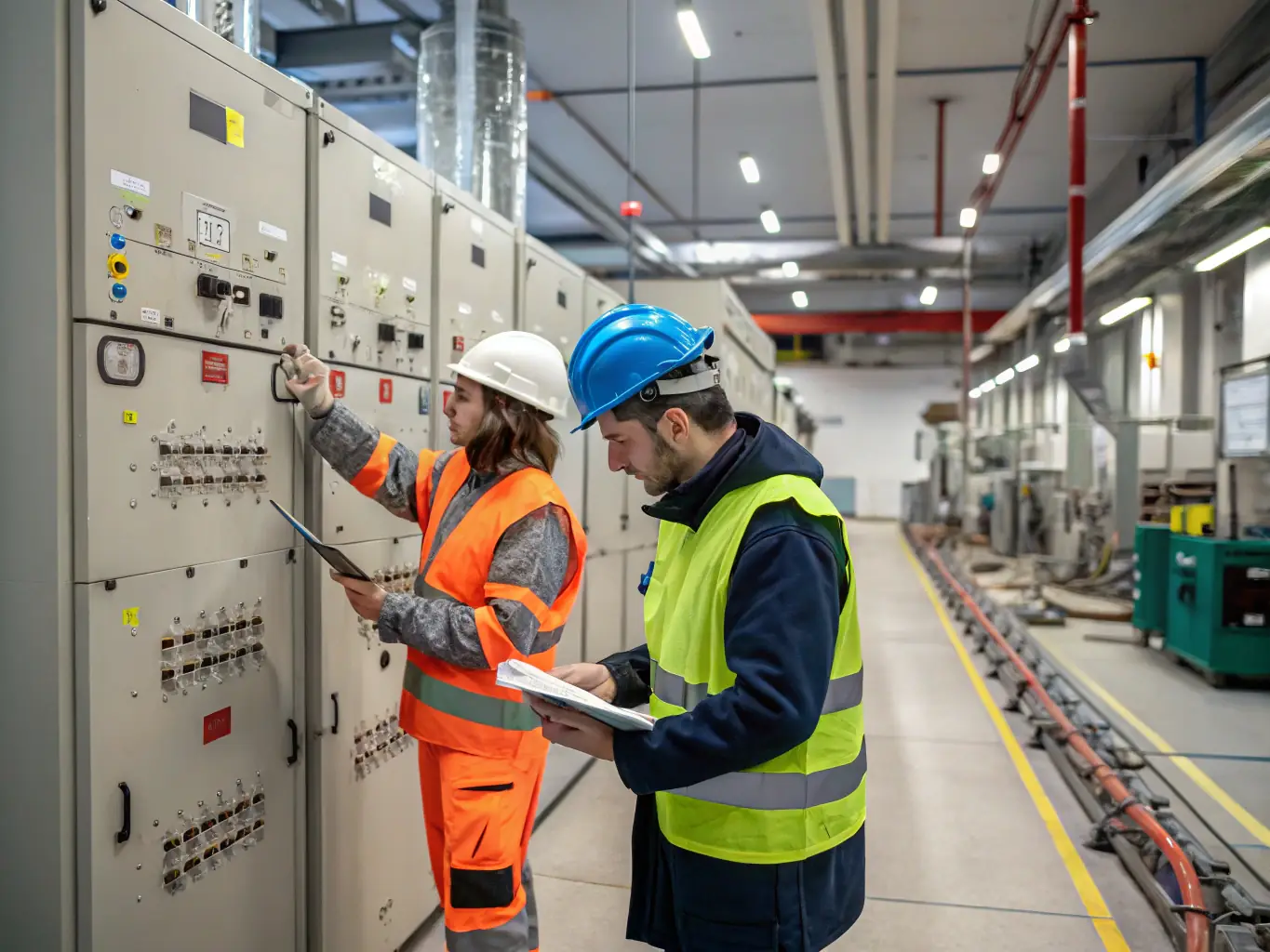 Technicians inspecting electrical panels and troubleshooting issues in a commercial setting, showcasing D-Tech Electrical Solutions' maintenance and troubleshooting capabilities.